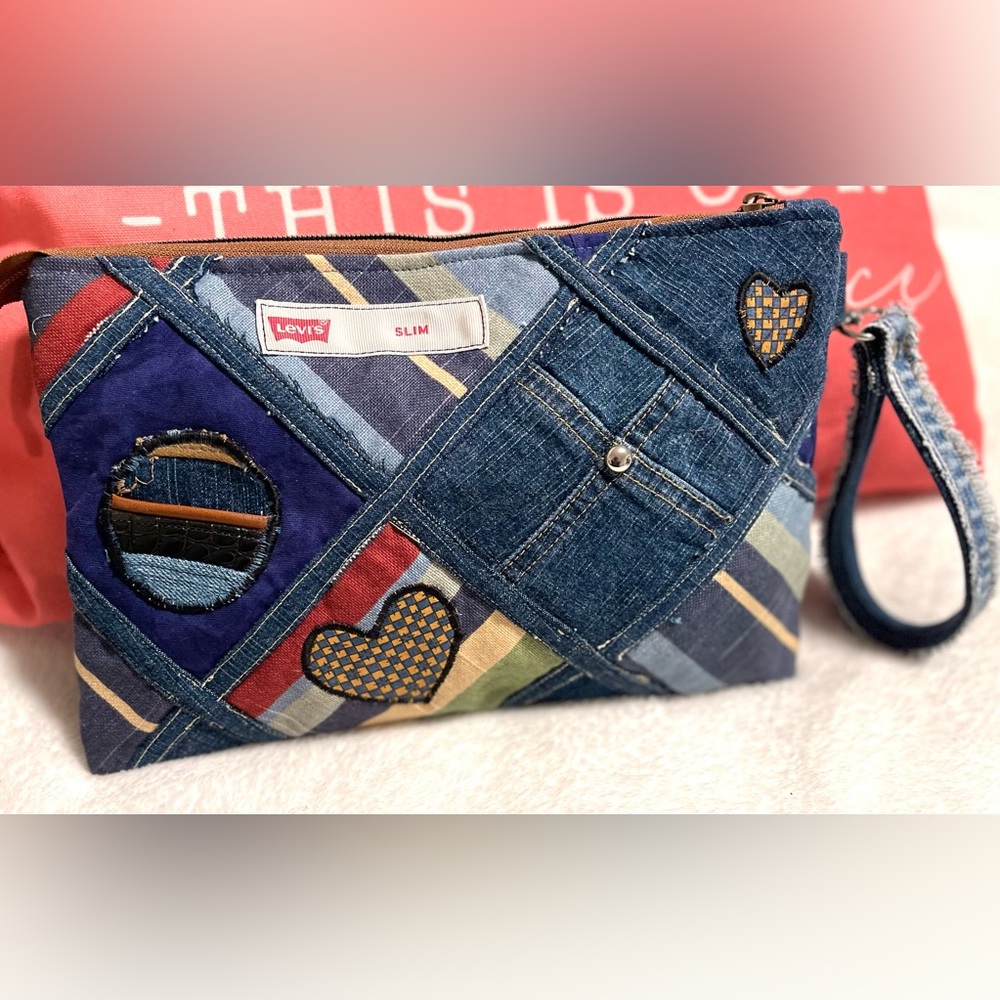 Bohemian Unique One-of-a-Kind Denim Patchwork Clutch Wristlet bag